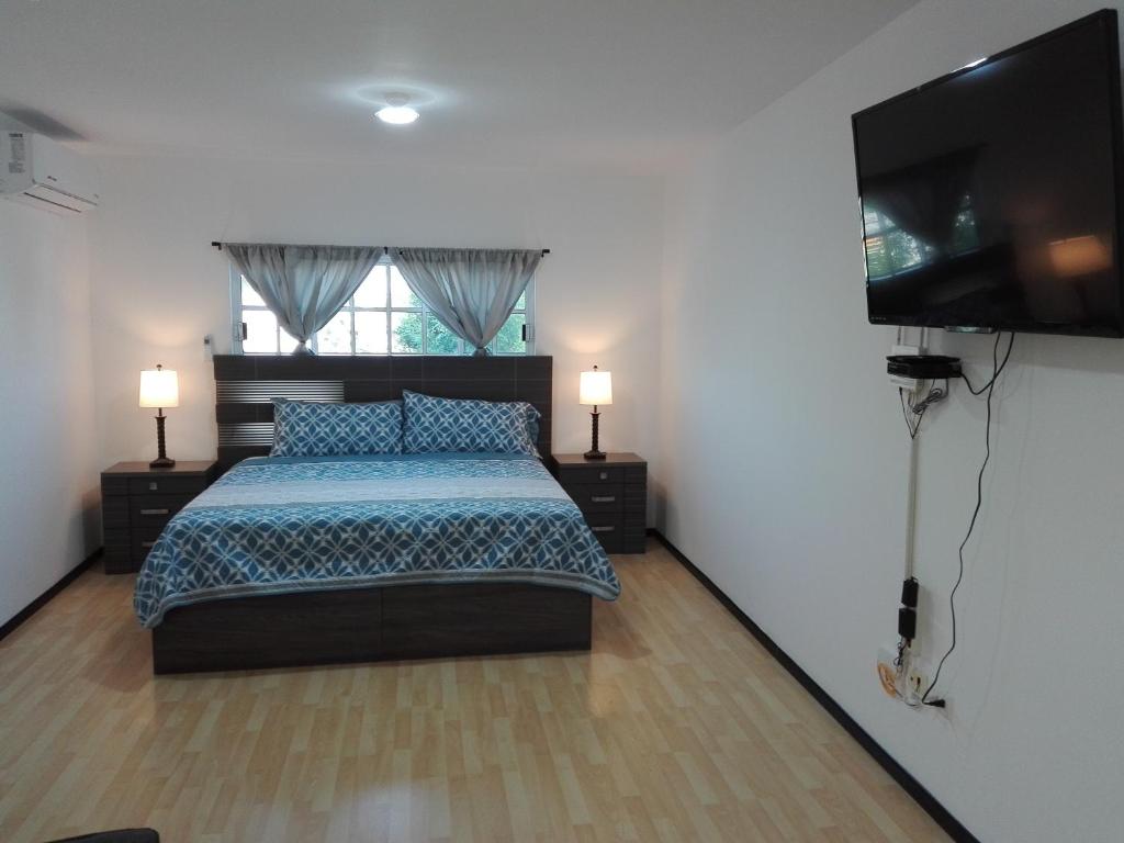 a bedroom with a bed and a flat screen tv at MV Suites Suc. Capilla in Monterrey