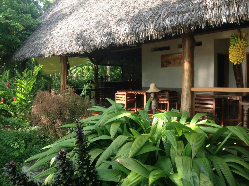a house with a straw roof and some green plants at Coco Komba Lodge in Nosy Komba