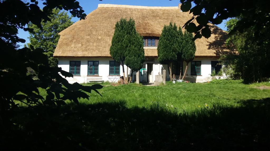 une maison ancienne avec un toit de chaume sur une pelouse dans l'établissement Altes Pfarrhaus, à Neuenkirchen auf Rugen