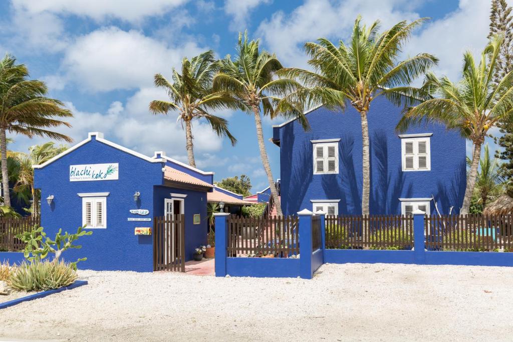 a blue house on the beach with palm trees at Blachi Koko Apartments in Kralendijk