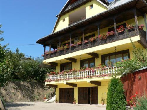 um edifício amarelo com uma varanda com flores em Pension Garofita em Iaşi