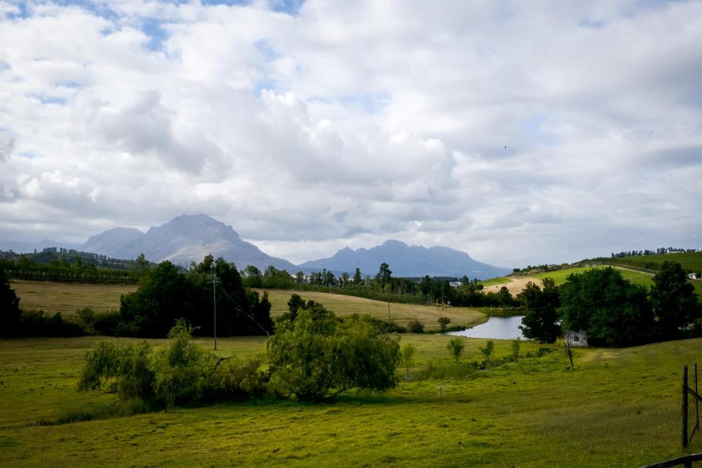a field with a river and mountains in the background at Zebra Cottage and Lodge in Stellenbosch
