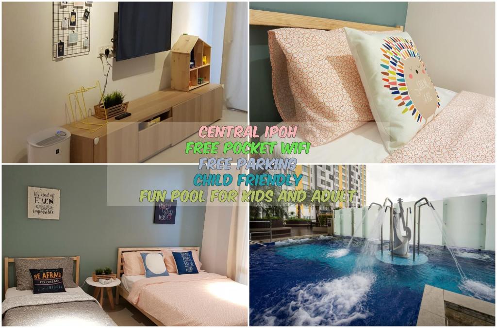 een collage van foto's van een kamer met een zwembad bij Nordiska @ Majestic Ipoh in Ipoh