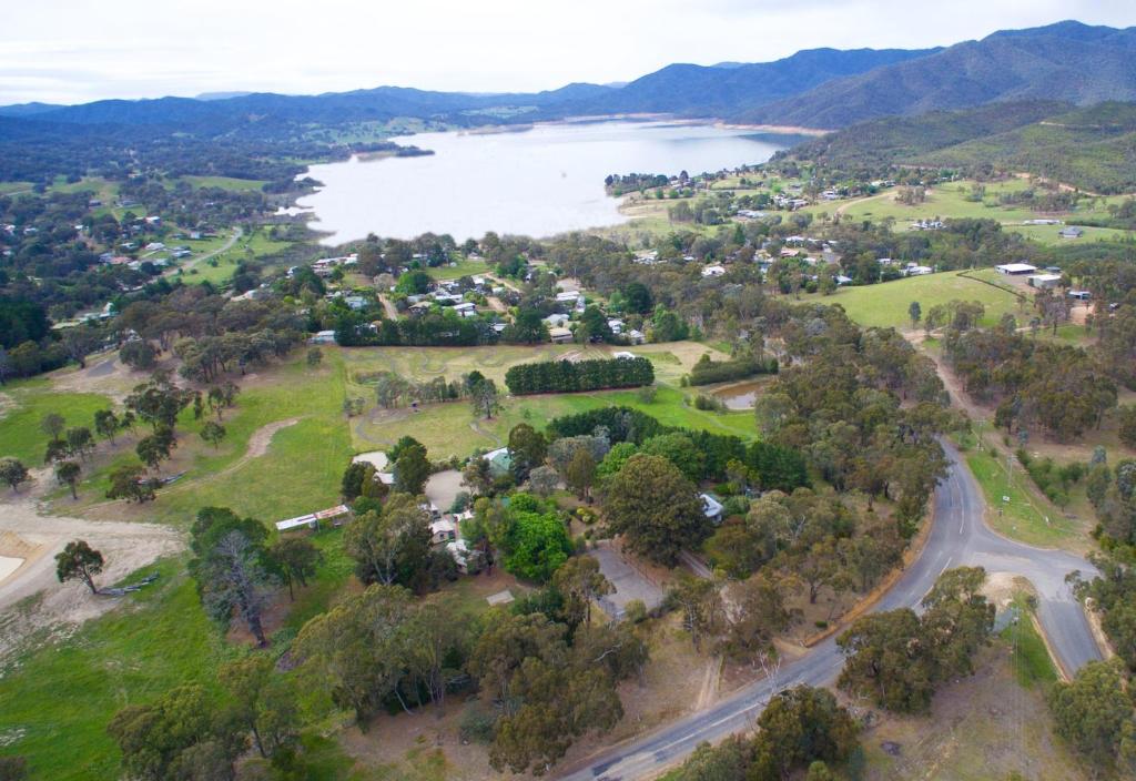 an aerial view of a town next to a lake at Fernleigh Accommodation in Goughs Bay