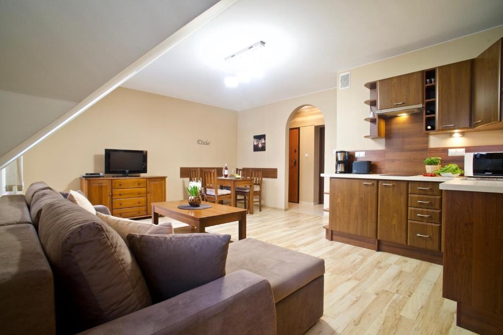 uma sala de estar com um sofá e uma cozinha em Apart-Center Motyl em Zakopane