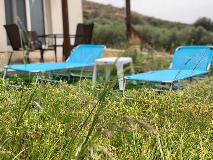 dwa niebieskie krzesła i stół na polu trawy w obiekcie Villa Oniro Kreta w mieście Kalamaki