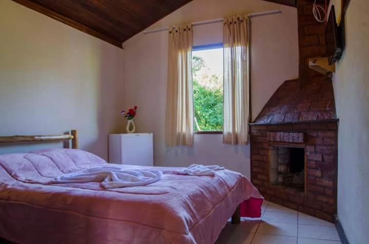 ヴィスコンデ・デ・マウアーにあるPousada Portal do bosqueのベッドルーム(大型ベッド1台、暖炉付)