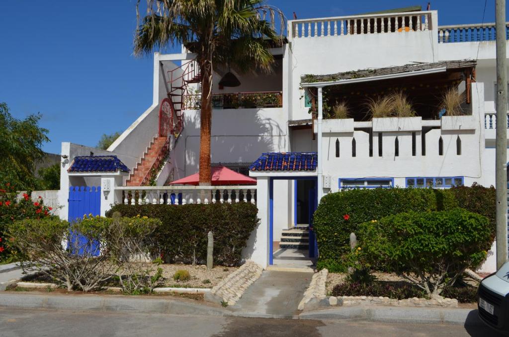 Biały dom z palmą przed nim w obiekcie Les appartements de la Villa Beida w mieście Oualidia