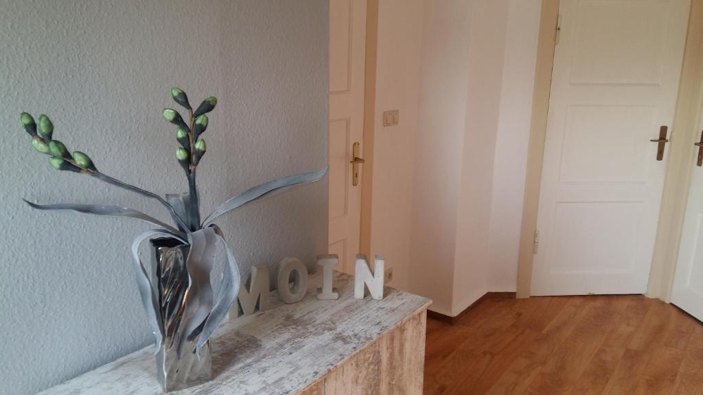 a vase with a plant sitting on a counter at Stadtoase Zeitlos in Teterow