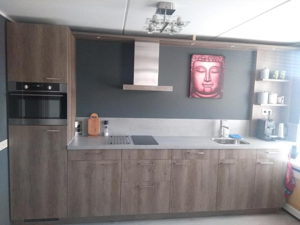 a kitchen with a statue of a head on the wall at Slapen in Dordrecht in Dordrecht