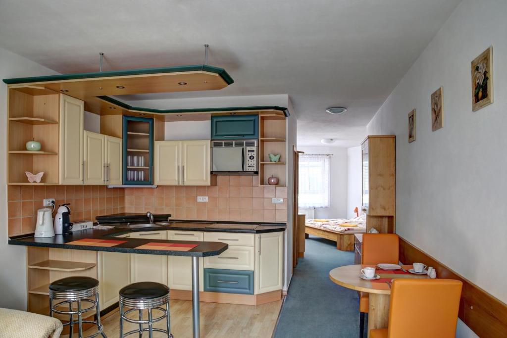 a kitchen with a table and some chairs in a room at Vila Dům Evropa in Třeboň