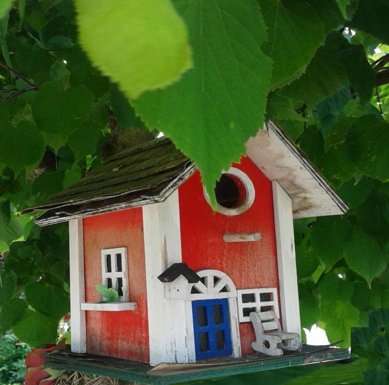 uma pequena casa vermelha e branca com uma porta azul em Ferienwohnung Holl em Worms