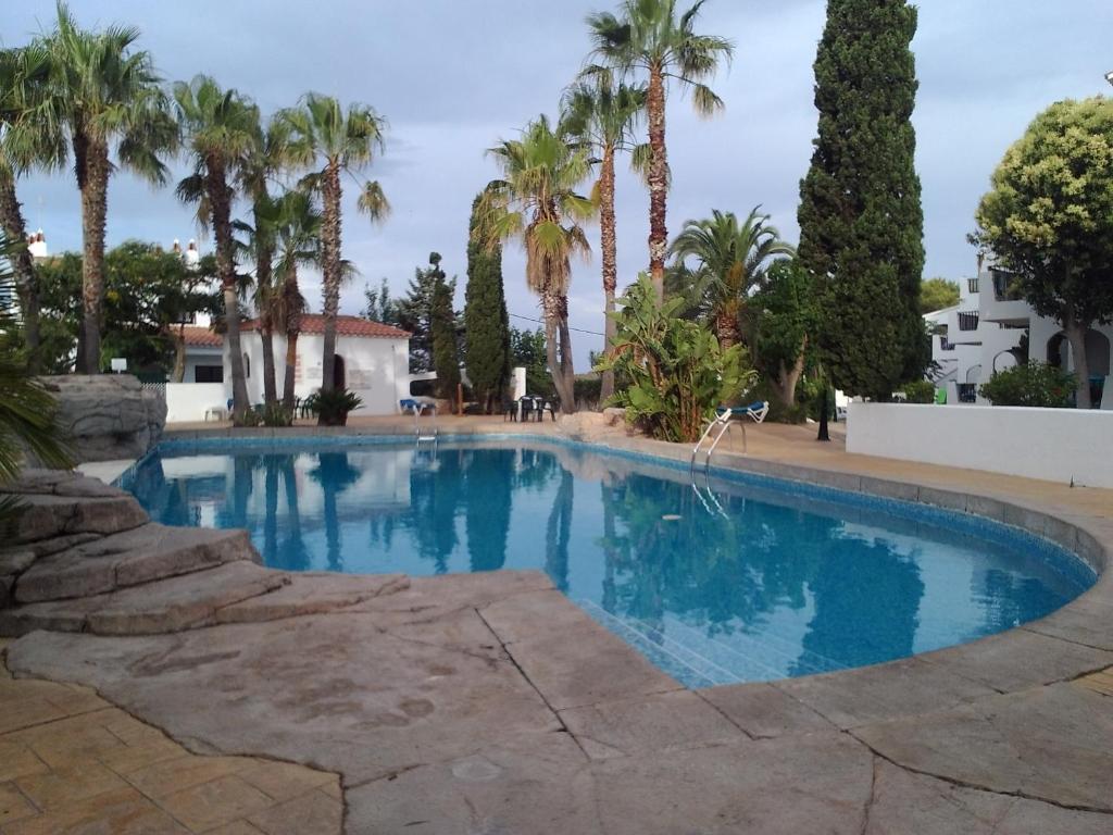 una piscina con palmeras en el fondo en Siesta mar 2, en Cala'n Porter