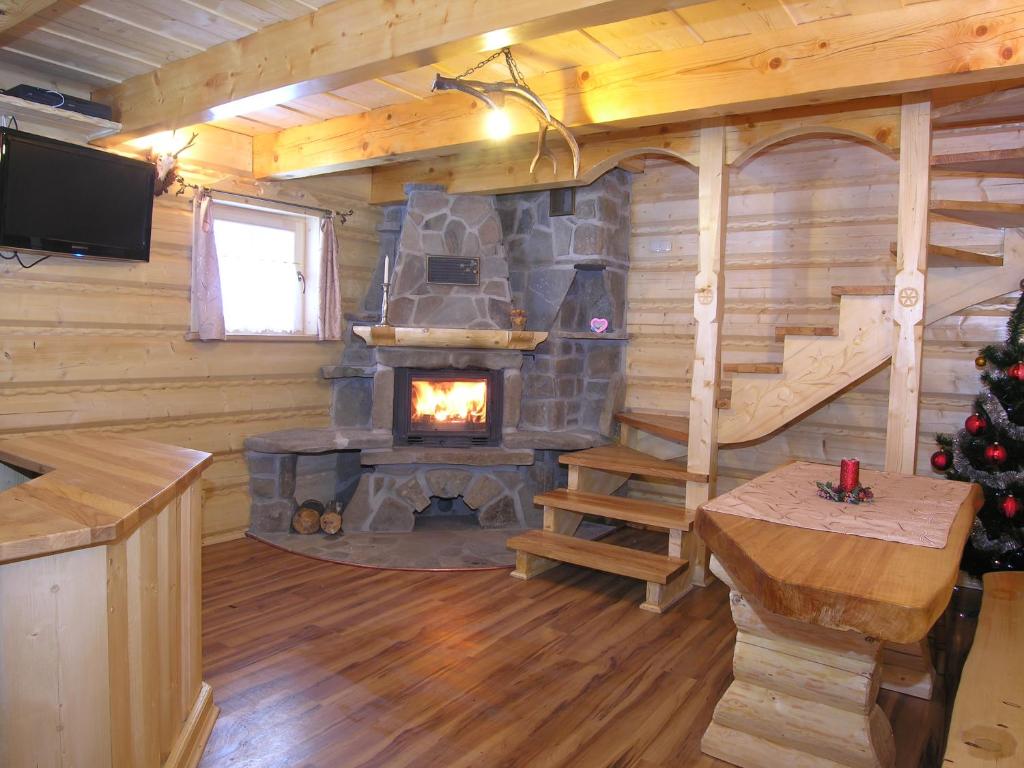 コシチェリスコにあるGóralska Chataの暖炉付きのリビングルーム(ログキャビン内)