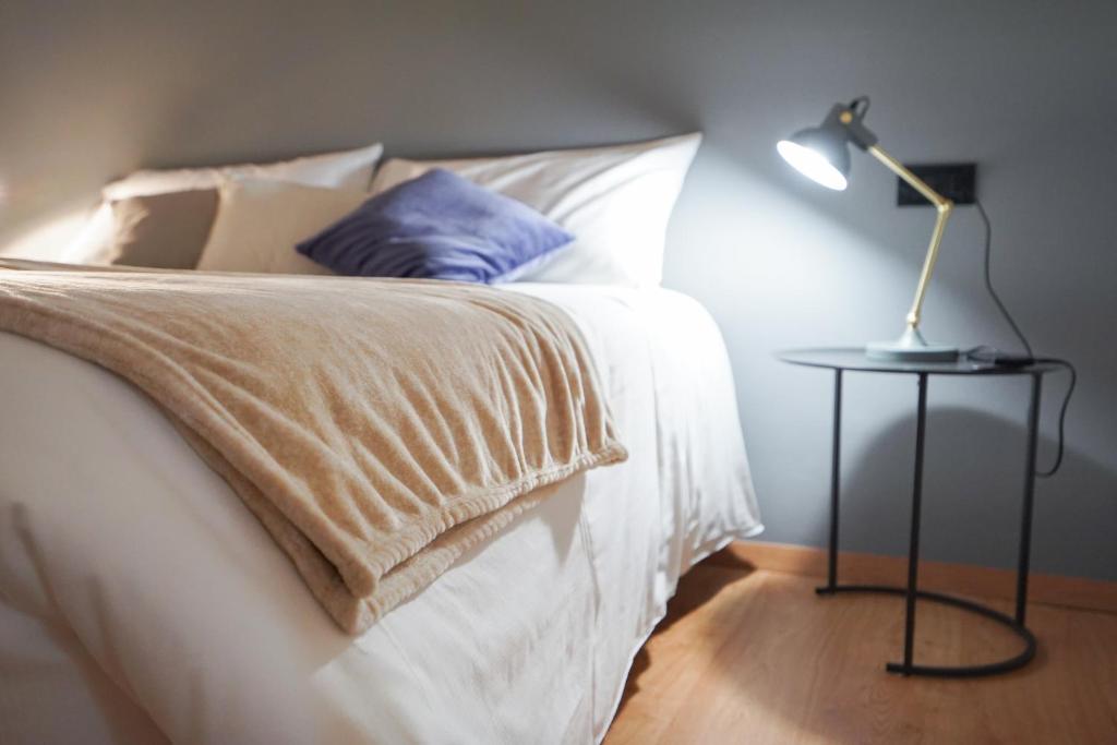 Una cama con una almohada azul y una lámpara sobre una mesa en Emilia Studios, en Módena