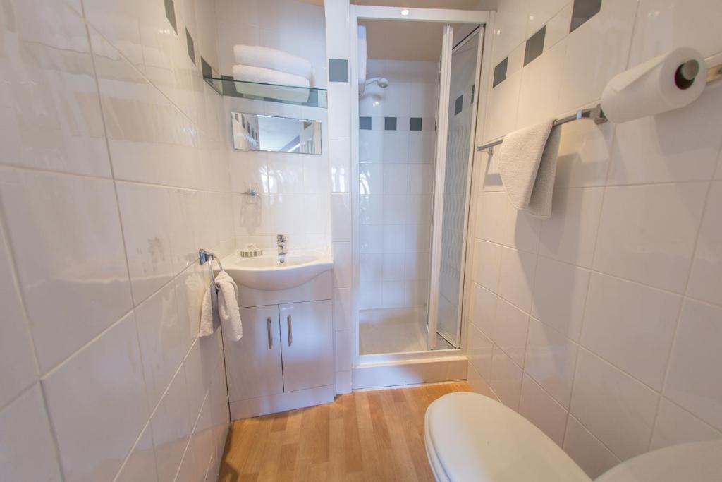 a bathroom with a toilet and a sink and a shower at St Breca in Newquay