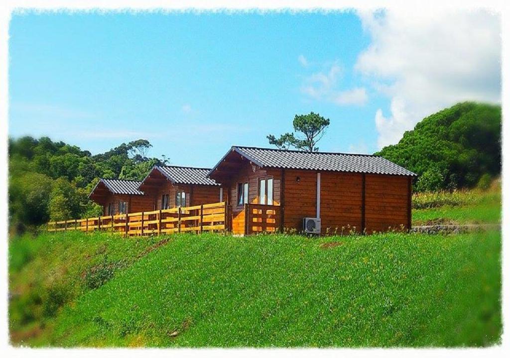 una casa in legno su una collina in un campo di São Jorge Spot - Alojamento a Velas