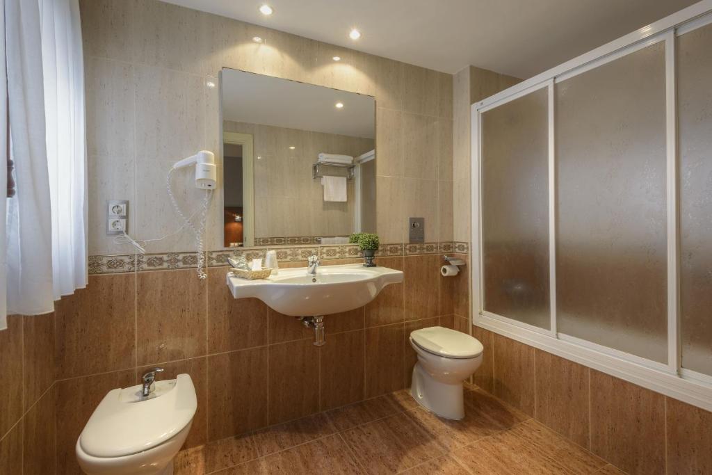 um banheiro com uma pia, um vaso sanitário e um espelho em Hotel El Acebo em Jaca