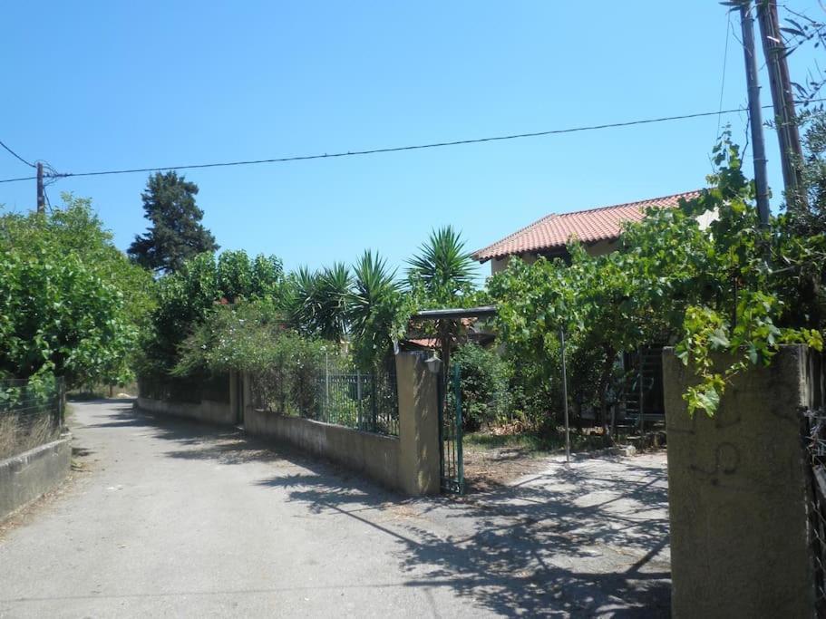 a fence next to a road with trees and a house at Kavros House in Arménoi