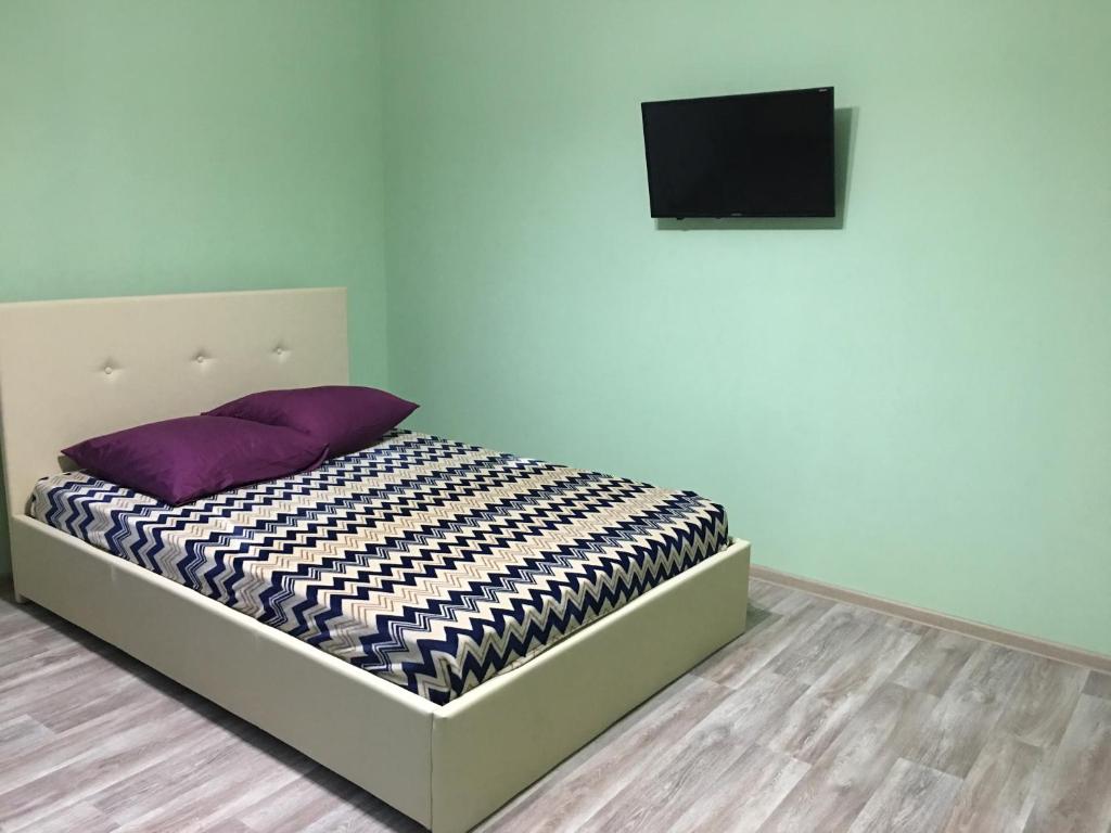 ベロクリハにあるКвартира 3-х комнатнаяのベッド(紫色の枕付)、壁にテレビが備わります。