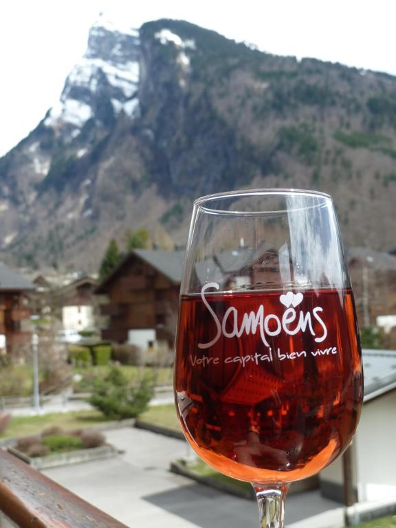 a glass of wine sitting on a table with a mountain at Samoëns studio in Samoëns