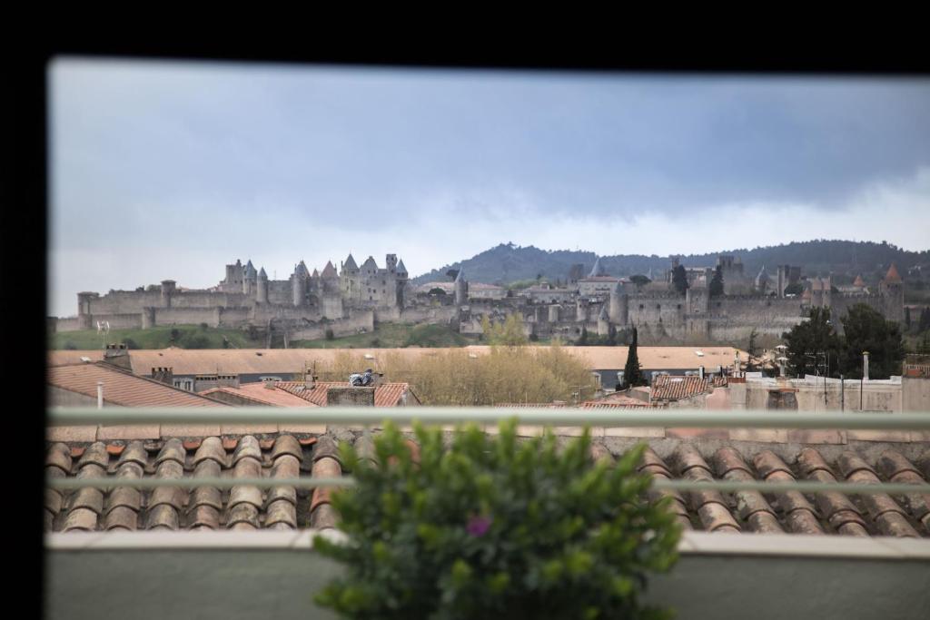 a view of a castle from a window with a plant at Maison 1888 in Carcassonne