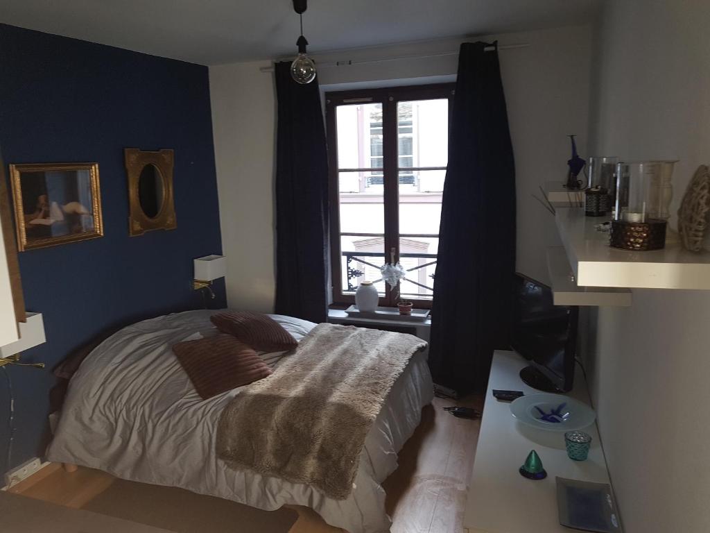 a bedroom with a bed and a window at Le Moment Bleu in Strasbourg