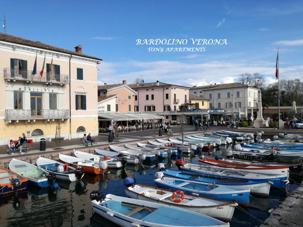 a group of boats are docked in a harbor at Apartments Tony in Bardolino in Bardolino