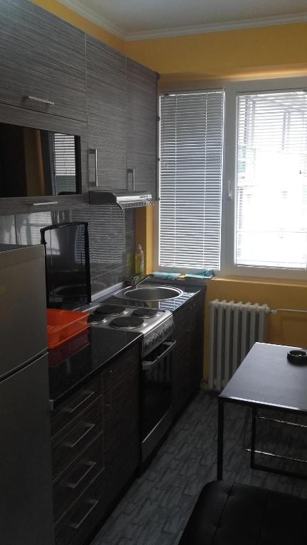 eine Küche mit schwarzen Schränken und einem Herd mit Backofen in der Unterkunft House Prljevic in Užice