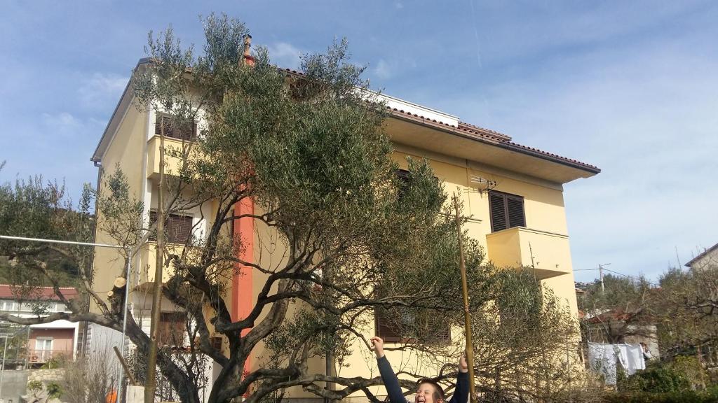 a woman standing in front of a building with a tree at Begovi Dvori in Rab