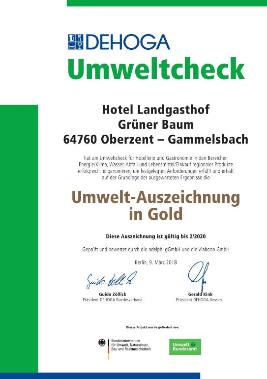 Certifikát, hodnocení, plakát nebo jiný dokument vystavený v ubytování Hotel Grüner Baum mit Restaurant & Wellness