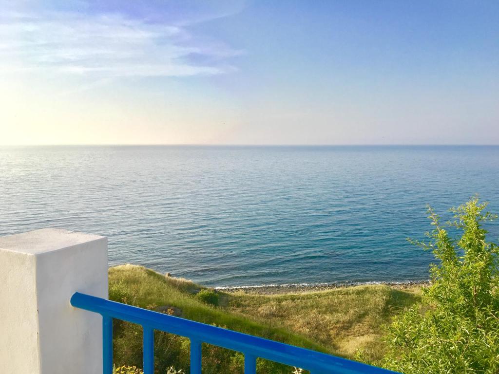 a view of the ocean from a blue fence at A.A Michael Apartments in Pachyammos