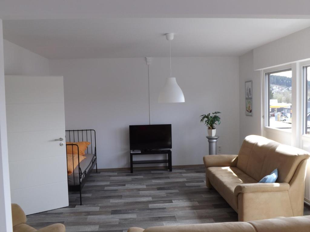ein Wohnzimmer mit einem Sofa und einem TV in der Unterkunft Alexander´s Ferienwohnungen in Gerlingen