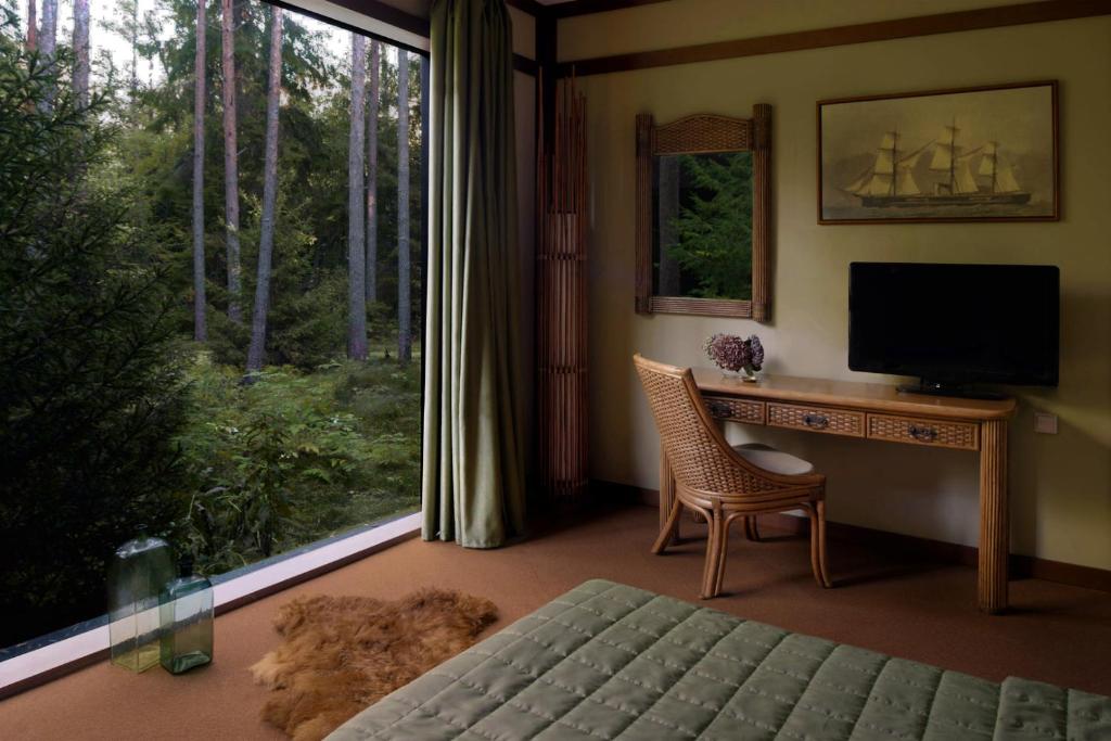 a bedroom with a desk and a television and a window at Hotel De La Rey in Ozerki