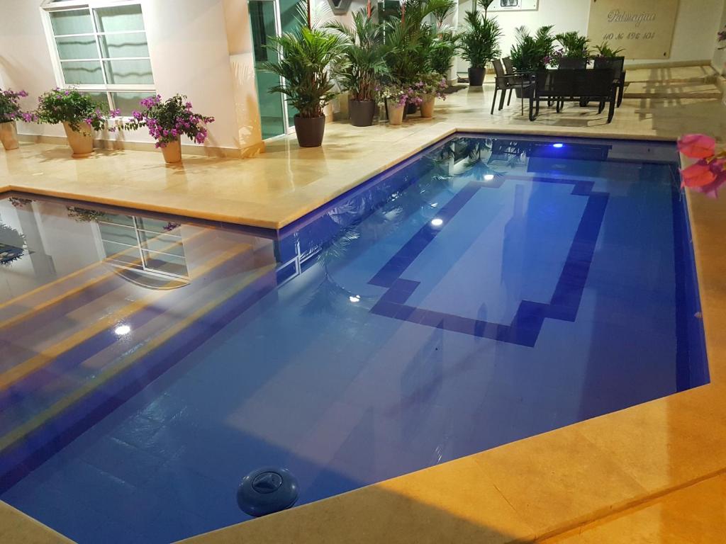 a swimming pool with blue water in a building at Palmagua in Barranquilla