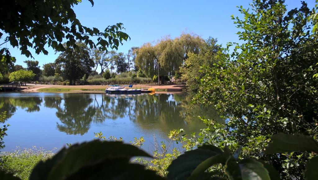 Elle offre une vue sur un lac avec un bateau. dans l'établissement Le Plein Air Neuvicois, à Neuvic