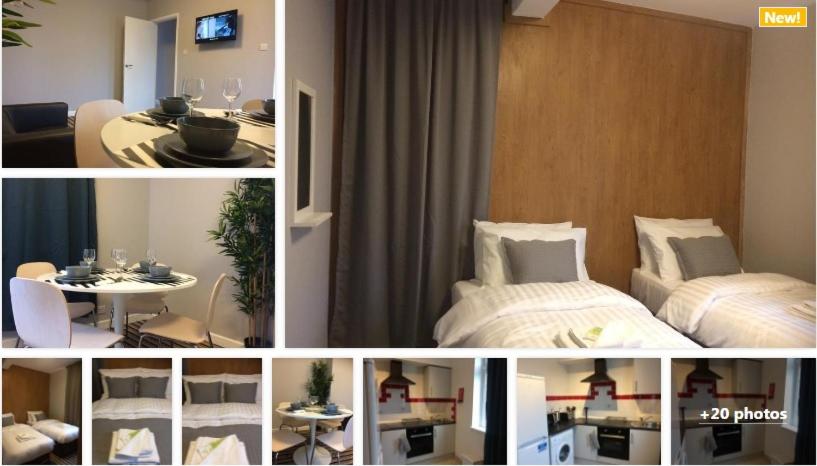 un collage de fotos de un dormitorio y una sala de estar en TW4 Apartments – Hounslow, en Hounslow