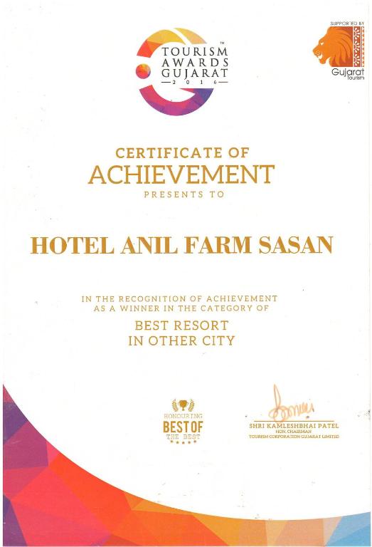 Certifikát, hodnocení, plakát nebo jiný dokument vystavený v ubytování Hotel Anil Farmhouse Gir Jungle Resort