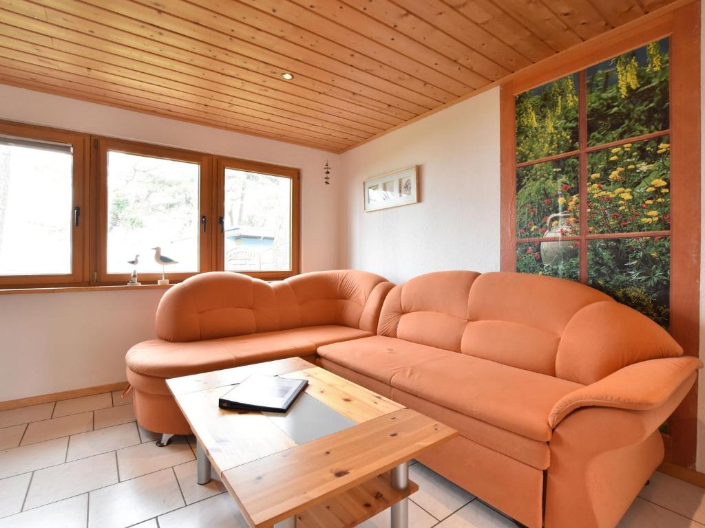 a living room with a couch and a table at Cosy Holiday Home in Am Salzhaff by the Sea in Pepelow