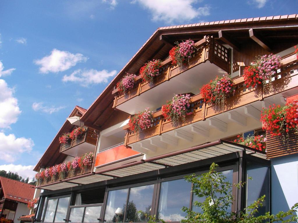 un edificio con cajas de flores en su lado en Hotel Geiger en Füssen