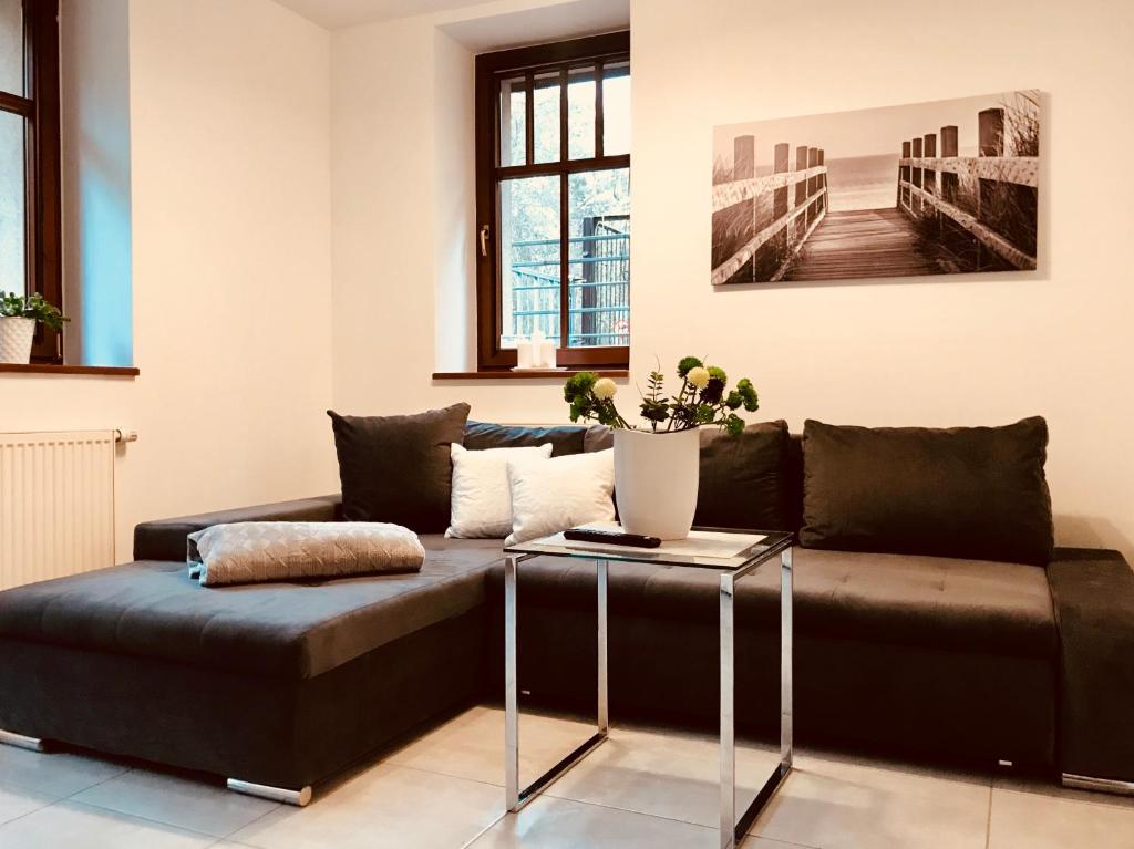 ein Wohnzimmer mit einem Sofa und einem Tisch in der Unterkunft Apartamenty Aleksandry Apartament przy Parku in Świnoujście