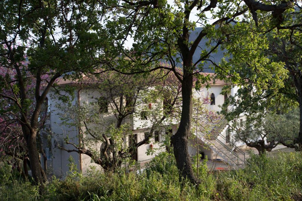 um grande edifício branco atrás de algumas árvores em Kavoulakos Studios em Skoutarion