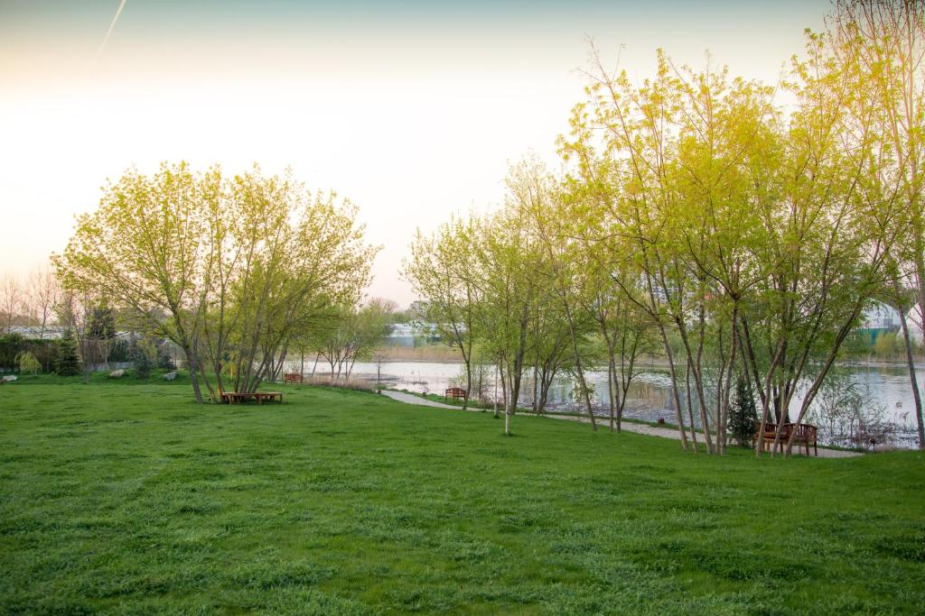 a park with benches and trees next to a river at Caro Hotel in Bucharest