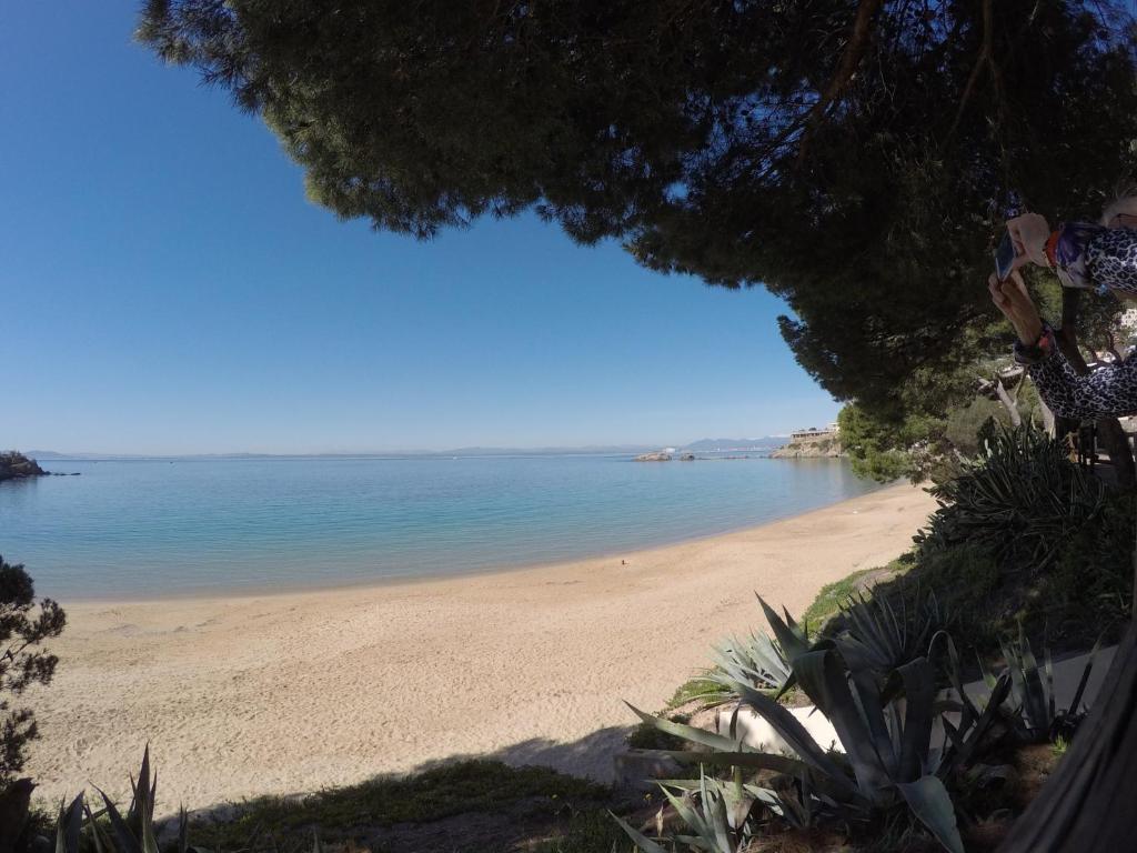 a view of a beach with the ocean in the background at New Madrague Beach in Roses