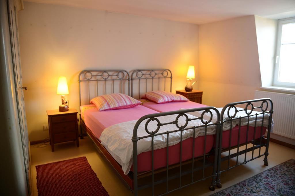 1 dormitorio con 1 cama con sábanas rosas y 2 lámparas en Albrecht guest apartement en Kembs