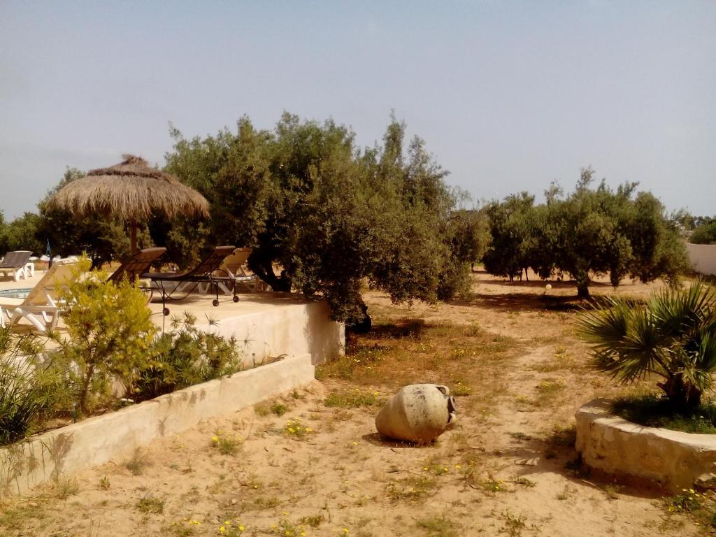 a yard with trees and a field with a rock at Menzel Churasco Djerba in Aghīr