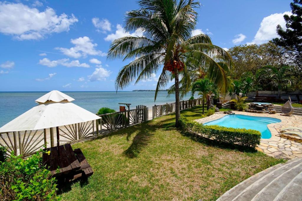 a resort with a pool and a palm tree and the ocean at Villa Mauridul in Baie du Tombeau