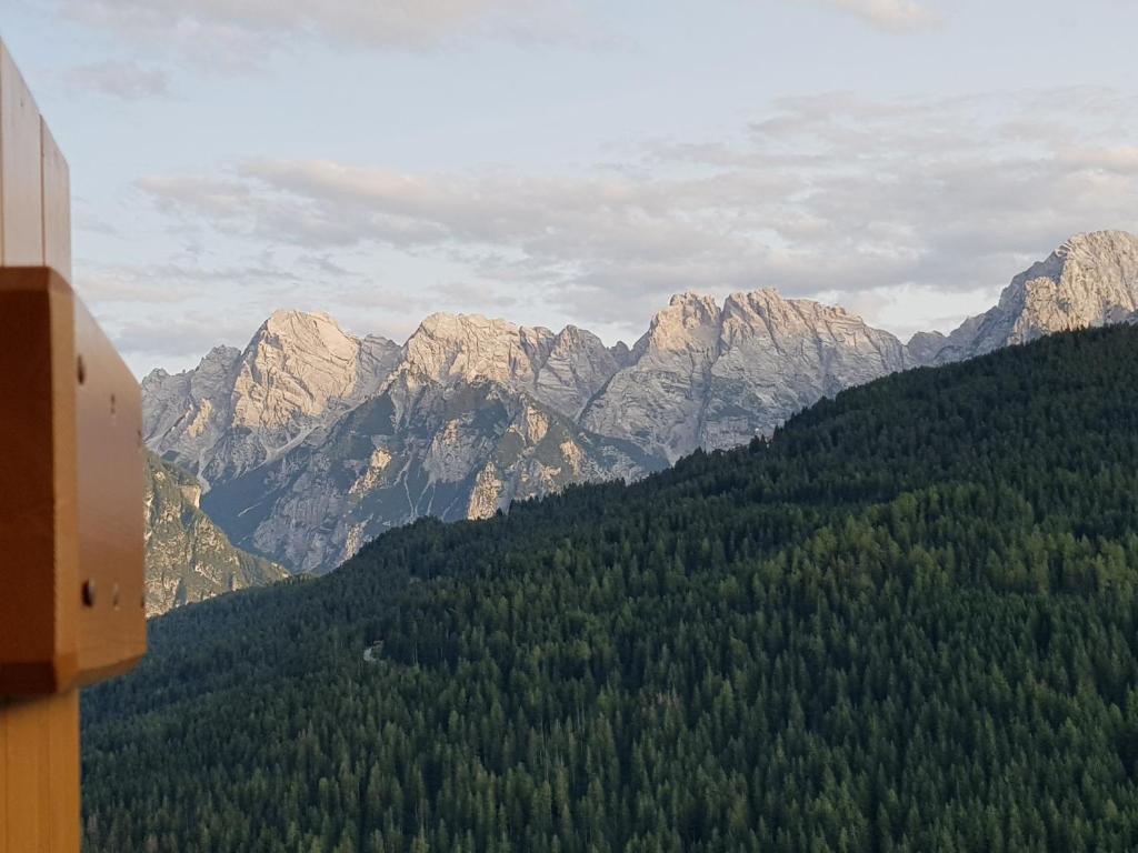 vista su una catena montuosa con alberi e montagne di Appartamento Comelico Dolomiti a Candide