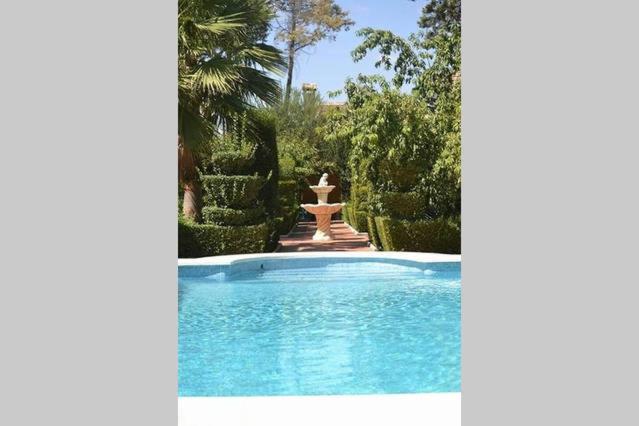uma piscina com uma fonte num quintal em Casa Rural El Conde em Antequera