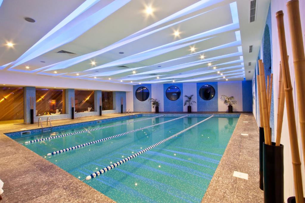a swimming pool in a hotel with blue walls at Vitosha Park Hotel in Sofia